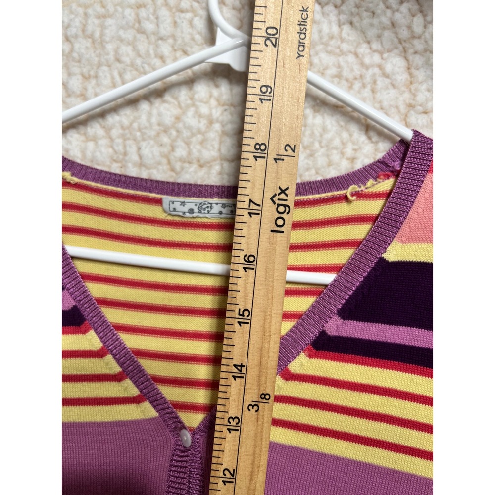 Vintage 90s Colorful Striped Cardigan Sweater V-Neck Purple Pink Yellow Red - Picture 4 of 6